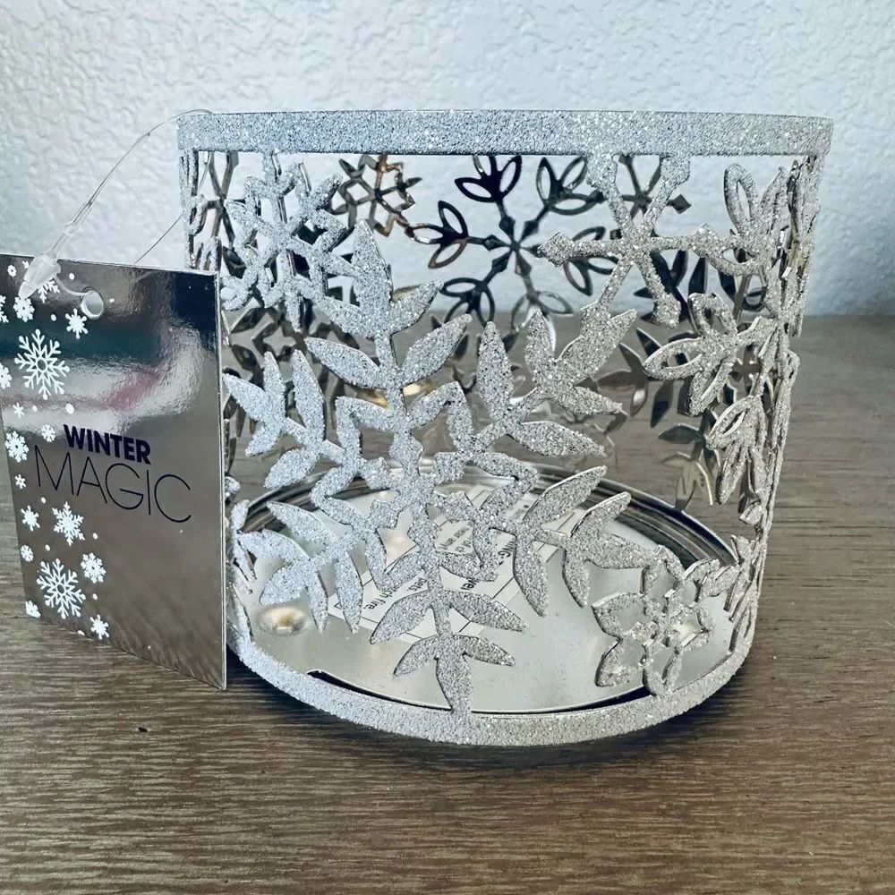 Holiday Snowflake White Glitter Cutout Sparkly Christmas Candle Holder Sleeve